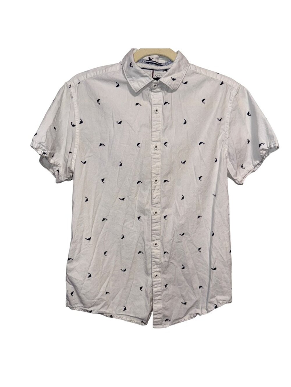 Denim & Flower Short Sleeve Shirt Dolphin Print Slim Fit Small White Navy Small